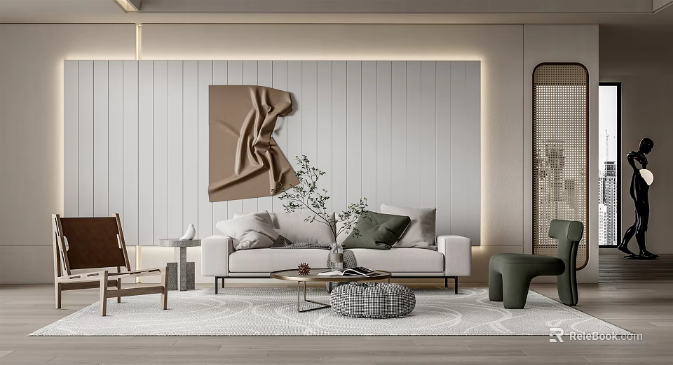 Elegant Modern Living Room Interior With Sofa Coffee Table Pillows And Wall Art 3d model 
