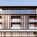 Traditional Modern Hotel Building With Multiple Floors Large Glass Windows And Outdoor Courtyard