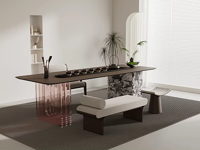 Modern Tea Table With Acrylic Legs And Wooden Benches In Bright Interior 3d model