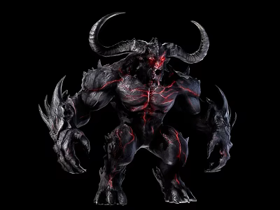 Game Movie Fantasy Character With Large Horns Glowing Red Eyes Muscular Black Body Sharp Claws 3d model