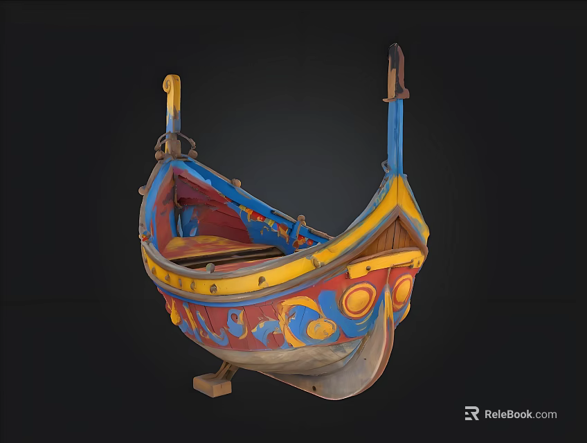 Colorful Traditional Decorative Boat With Painted Blue Yellow Red Patterns And Circular Motifs 3d model 