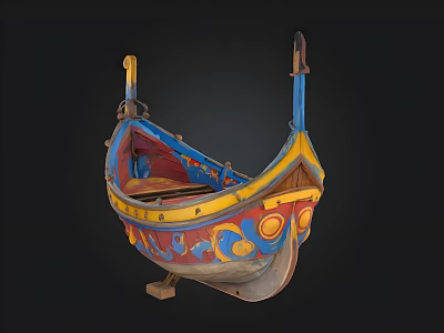 Colorful Traditional Decorative Boat With Painted Blue Yellow Red Patterns And Circular Motifs 3d model