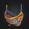 Colorful Traditional Decorative Boat With Painted Blue Yellow Red Patterns And Circular Motifs