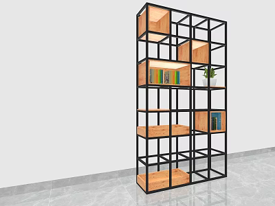 Modern Open Bookshelf With Black Frame And Wooden Shelves Displaying Books And Plant 3d model