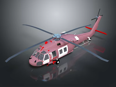 Pink And White Helicopter With Large Rotors 3D Model On Black Background With Reflection 3d model