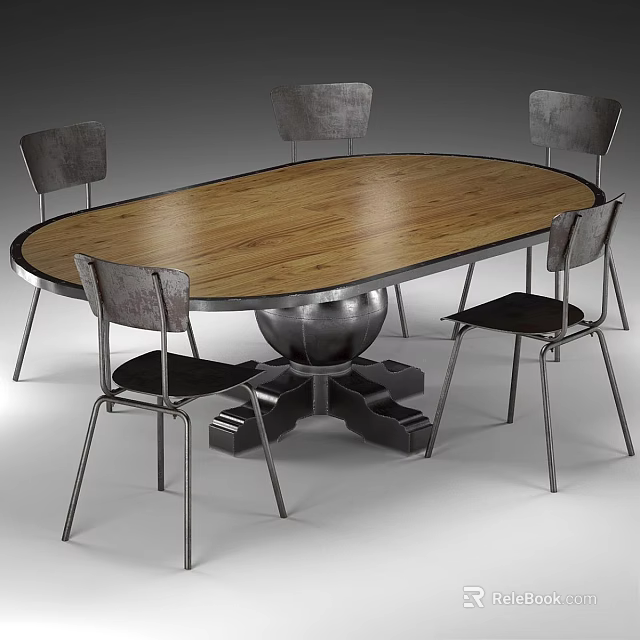 Modern Wooden Oval Dining Table With Metal Frame Chairs And Sturdy Pedestal Base 3d model 