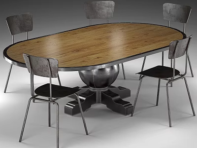 Modern Wooden Oval Dining Table With Metal Frame Chairs And Sturdy Pedestal Base 3d model
