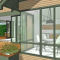 Modern Detached Villa Exterior With Large Windows Green Roof And Wooden Porch Deck