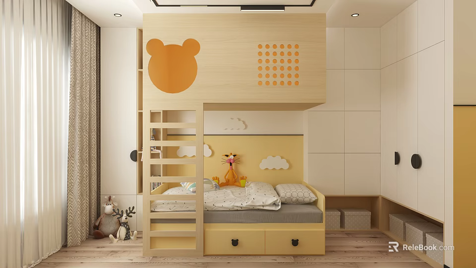 Kids Room Design With Bunk Bed Bear Head Orange Dots Cloud Decor And Giraffe Toy 3d model 