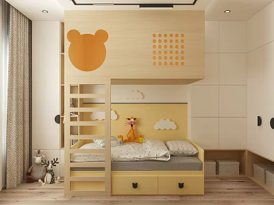 Kids Room Design With Bunk Bed Bear Head Orange Dots Cloud Decor And Giraffe Toy 3d model