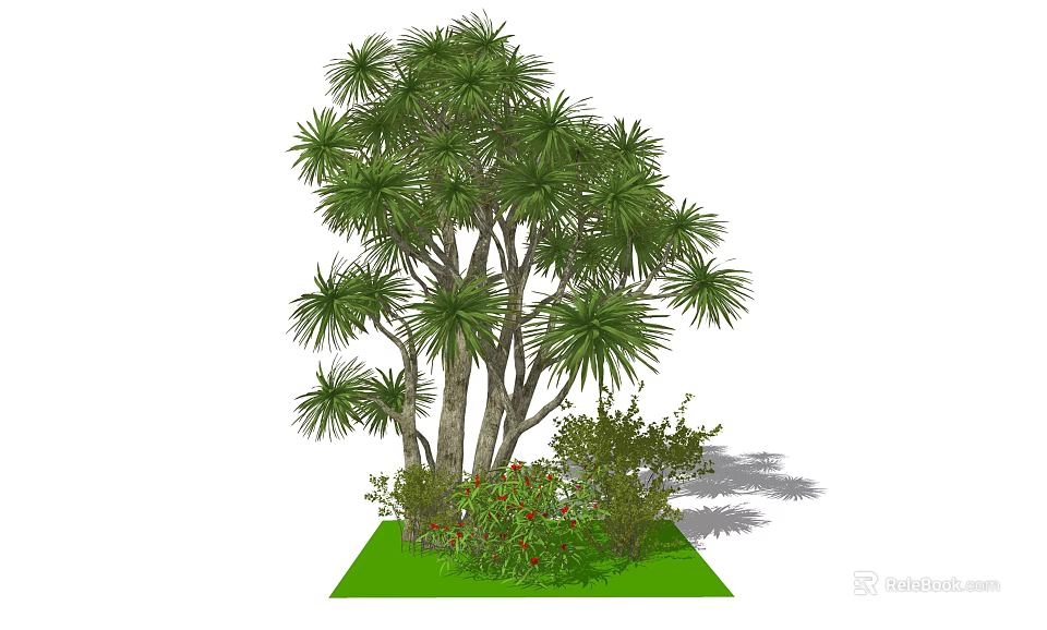 Tall Arbor With Multiple Trunks And Lush Green Leaves Surrounded By Shrubs And Green Grass 3d model 