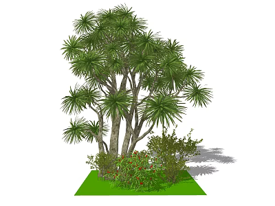 Tall Arbor With Multiple Trunks And Lush Green Leaves Surrounded By Shrubs And Green Grass 3d model