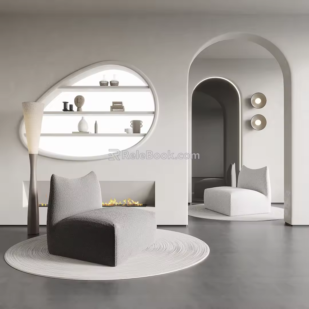 Modern Single Sofa Rack Round Wall Lamp Fireplace Decorative Floor Lamp Round Carpet 3d model