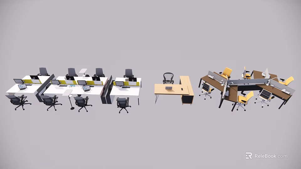 Modern Office Desks With Single And Multiple Workstations And Matching Chairs 3d model 