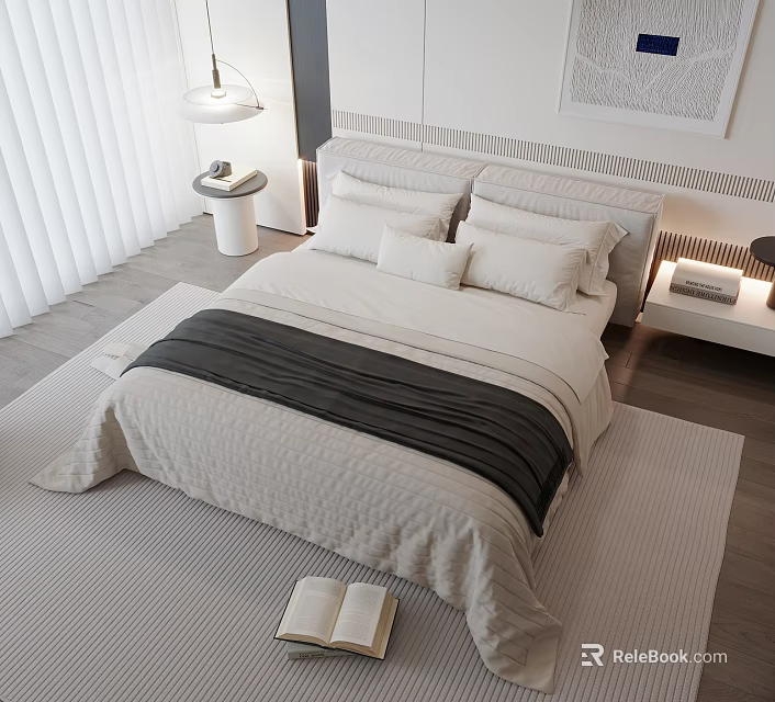 Modern Double Bed With White Gray Bedding And Nightstand In Minimalist Bedroom 3d model 