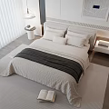 Modern Double Bed With White Gray Bedding And Nightstand In Minimalist Bedroom