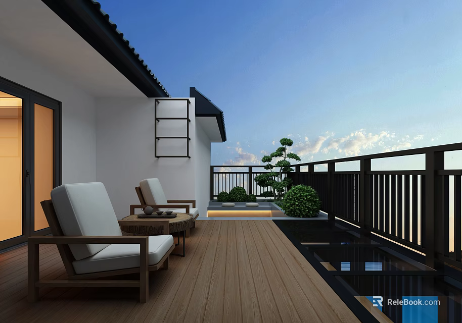 Rural Self Built House Balcony With Wooden Deck White Chairs Black Railings And Green Plants 3d model 