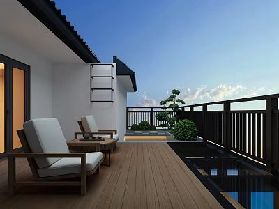 Rural Self Built House Balcony With Wooden Deck White Chairs Black Railings And Green Plants 3d model