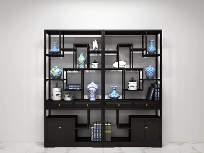 Black Traditional Chinese Antique Display Shelf with Blue and White Ceramic Vases Porcelain Bowls and Books 3d model