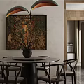 Elegant Restaurant Interior Featuring Round Dining Table Chairs Decorative Artwork And Vase With Branches 3d model
