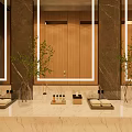 Modern Public Restroom Interior With Wooden Walls Double Mirrors Washbasin And Automatic Hand Dryer
