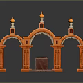Scenic Red Arched Architecture With Golden Spires Stone Steps And Reflective Surface