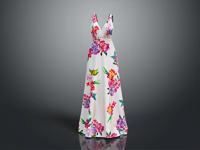 White Long Floral Print V Neck Evening Dress For Women Elegant Style 3d model