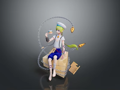 Cartoon Character Sitting On Box Wearing White Hat Holding Dessert With Chain And Key 3d model