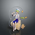 Cartoon Character Sitting On Box Wearing White Hat Holding Dessert With Chain And Key