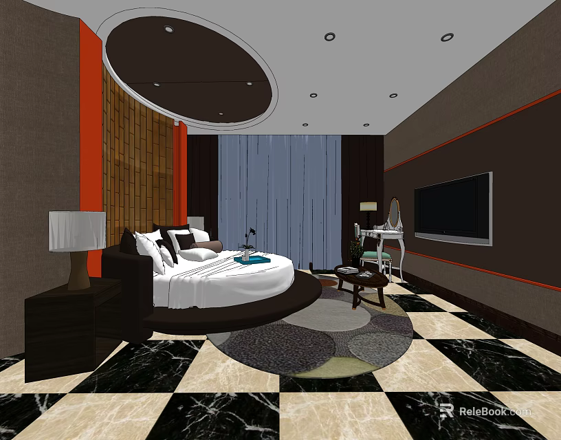 Hotel Room Interior With Round Bed Black White Checkered Marble Flooring And TV 3d model 