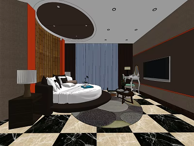 Hotel Room Interior With Round Bed Black White Checkered Marble Flooring And TV 3d model