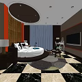 Hotel Room Interior With Round Bed Black White Checkered Marble Flooring And TV