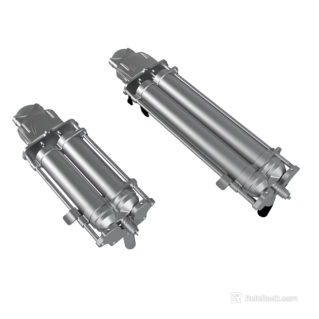 Silver Cylindrical Industrial Equipment Double Units With Metal Frames And Wheels 3d model