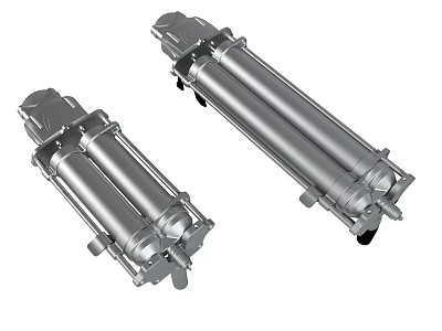 Silver Cylindrical Industrial Equipment Double Units With Metal Frames And Wheels 3d model
