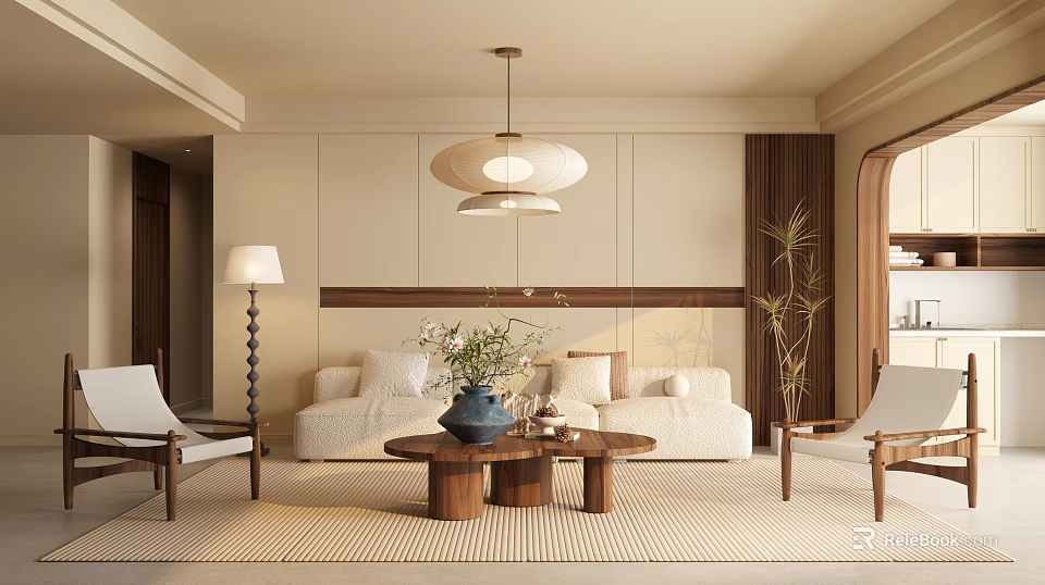 Modern Living Room Interior With Neutral Sofa Wooden Coffee Table Pendant Light And Green Plants 3d model 