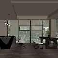 Modern Office Interior Design With Large Windows Black Desk White Chair And Green Plants