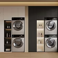 Modern Balcony Cabinet Design With Stacked Washer Dryer Storage And Green Plant Blinds