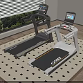 Modern Indoor Treadmills With LCD Screens And Green Window View On Wooden Floor