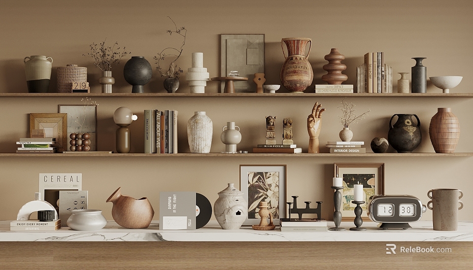 Cozy Home Shelf Display Decorative Ornaments Set With Vases Sculptures Books Photo Frames And Candles 3d model 