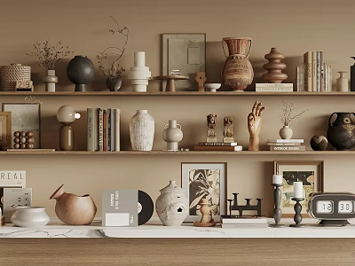 Cozy Home Shelf Display Decorative Ornaments Set With Vases Sculptures Books Photo Frames And Candles 3d model