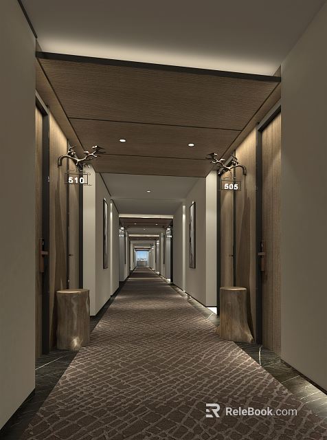 Long Hotel Corridor With Wooden Doors Room Number Signs Ceiling Lights And Carpeted Floor 3d model 