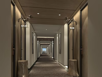 Long Hotel Corridor With Wooden Doors Room Number Signs Ceiling Lights And Carpeted Floor 3d model