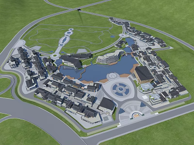 Commercial Street Surrounded By Lake Green Spaces Plaza And Modern Buildings 3d model