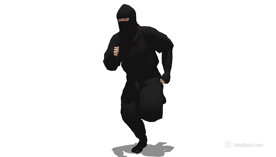 Dynamic game movie character in black costume with masked face running 3d model 