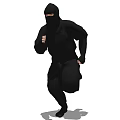 Dynamic game movie character in black costume with masked face running