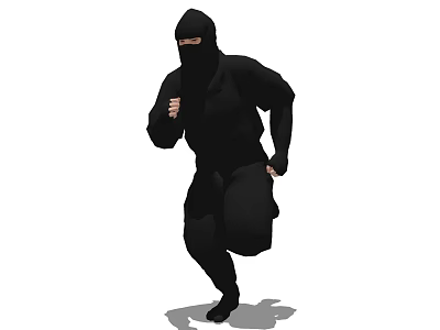 Dynamic game movie character in black costume with masked face running 3d model