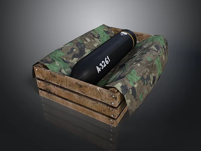 Black Cylindrical Weapon Marked ASSAI Placed in Wooden Crate with Camouflage Padding 3d model