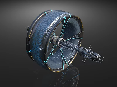 Cartoon Scene Featuring Futuristic Wheel Shaped Mechanical Device With Blue Black Glowing Lines 3d model