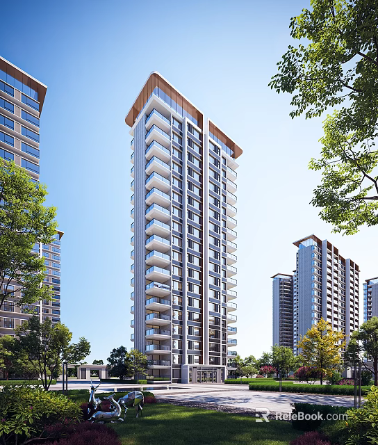 Modern High Rise Residential Building Exterior With Green Trees Under Clear Blue Sky 3d model 