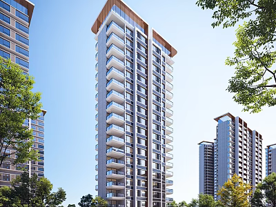Modern High Rise Residential Building Exterior With Green Trees Under Clear Blue Sky 3d model